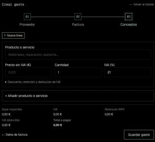 The live expense form at the concepts stage, showing decimal inputs, another-item control and invoice totals.